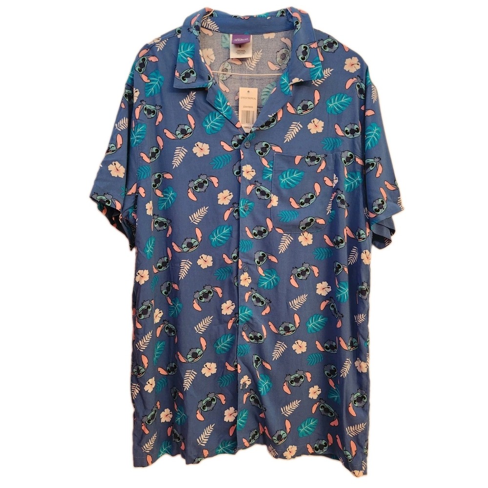 Disney Lilo & Stitch Hawaiian Camp Shirt Mens Small Blue Rayon Tropical NWT